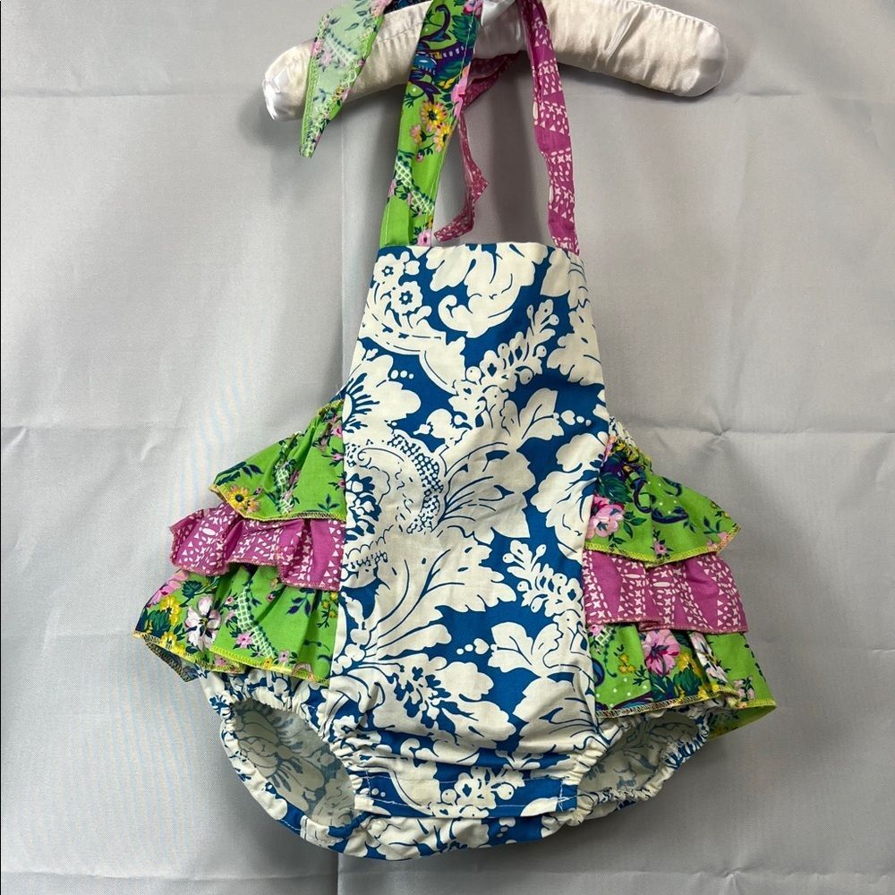 Purr Fect pink and blue multi pattern halter bubble romper size 6-6 months EUC